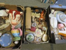 Three trays of mixed collectables to include Beswick, cast iron items, china and glass etc