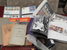 A tray containing several first day covers albums etc