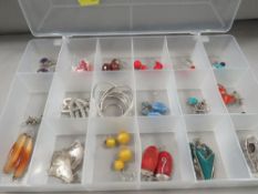 A tray of silver mounted earrings, including hard stone and hoop types