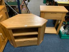 A modern light oak side table and a media cabinet. (2)