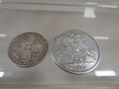 A 1889 Victorian silver crown and Victorian Gothic florin
