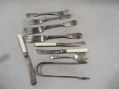 A pair of Georgian hallmarked silver sugar tongs together with silver plated flatware