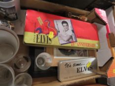 Four trays of mostly Elvis Presley collectables DVD's etc