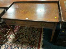 An antique oak crossbanded single drawer side table W 97 cm