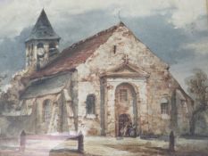Circle of Richard Parkes Bonnington, rural church with figures, unsigned, watercolour framed and