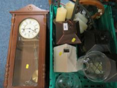 A tray of assorted candle holders etc together with a wall clock