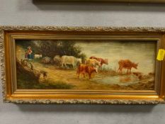 A small oil on board depicting cattle 11 x 30 cm together with a framed female print and an oil on