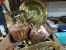 A tray of assorted metal ware to include copper kettle together with a tray of ceramics (2)