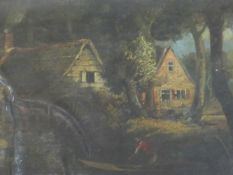 Circle of Benjamin Barker, rural wooded landscape with boat, figure and farmstead, unsigned oil on