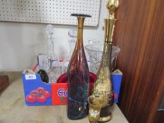 A tray of assorted glassware to include decanters, vase, paperweights etc