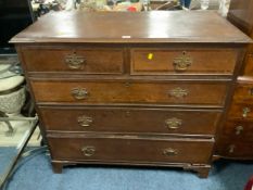 A 19th century oak and mahogany cross banded chest of five drawers, raised on bracket feet H 101