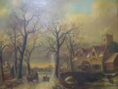 A 19th century stormy village scene with horse cart and figures, unsigned oil on canvas, framed