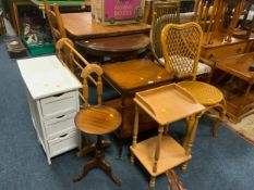 A quantity of occasional furniture to include a reproduction wotnot, pine towel rail bamboo chairs