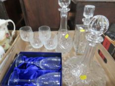 A tray of assorted cut glass crystal to include a ships decanter