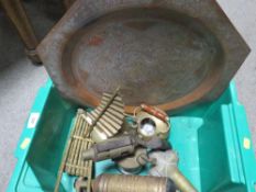 A small tray of assorted metal ware to include a vintage Desmo fire extinguisher