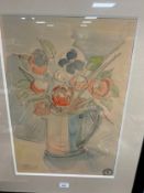 A large framed Karl Goldschmidt Montmarte mixed media titled verso ‘Roses dans une choppe en etaime’