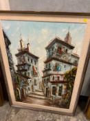 A large signed Portuguese style oil on canvas depicting a narrow town scene 90 x 61 cm