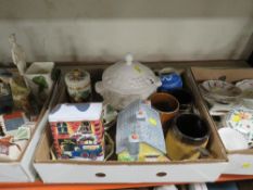 Three trays of assorted ceramics to include Aynsley, Bossons wall plaques etc