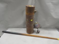 A cased hydrometer, together with a snooker cue