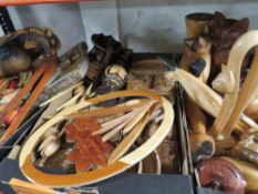 Three trays of treen to include cat figures etc