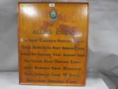 A vintage wooden sign commemorating the Allied corps, Royal Canadian ordnance corps, Royal