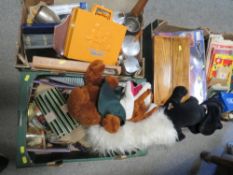Four trays of collectables and vintage toys to include a piquet ware tea set and tray and Beatrix