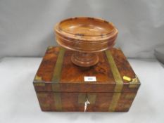 A brass bound walnut type writing slope A/F together with a turned Totara wood bowl