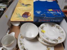 A tray of assorted ceramics to include Aynsley and Royal Doulton Larchmont