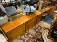 A vintage Stag dressing table and stool with two chest of drawers and a small bedside and box