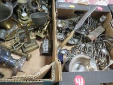 Two trays of assorted metal ware to include brass candlesticks etc