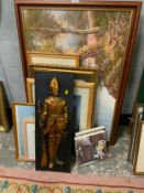 A collection of assorted pictures and prints to include a Continental soldier plaque