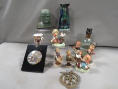 A tray of assorted ceramics and collectables to include Hummel figures , Pratt ware lid etc