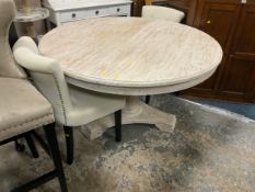 A large modern limed circular pedestal dining table Dia. 140 cm together with two chairs