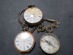Two vintage pocket watches for restoration together with a vintage compass