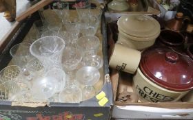 Two trays of stoneware ceramics together with a tray of glassware