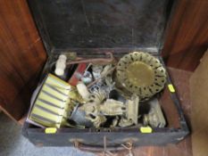 A box of assorted metal ware and collectables