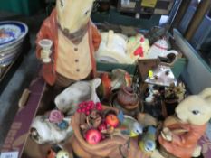 Two trays of ceramics and sundries to include a large resin figure of a mouse drinking a glass of