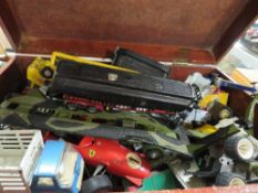 A wooden box of playworn die cast cars to include Dinky, Corgi etc