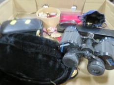 A tray of collectables to include costume jewellery, watches binoculars and a 9 carat gold pendant