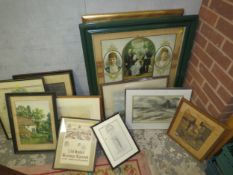 A selection of gouache and watercolour painting, various block cut and engravings together with a