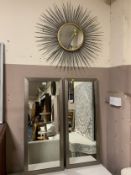 A modern circular sun burst style mirror together with two modern rectangular mirrors. (3)