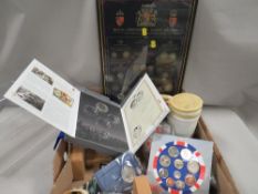 A collection of various coins and tokens to include silver proof crown 1977, silver proof 1/10th