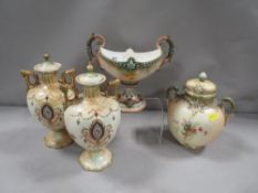 A pair of twin handled lidded vases by Crown Ducal together with a Royal Worcester example A/F and a