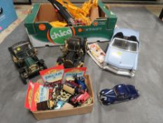A tray of assorted die cast miniature vehicles, a Bratz convertible car, two large tin plate vintage