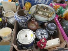 Three trays of assorted ceramics to include a cast Deco figure