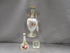 A slender Royal Doulton twin handled vase together with a small Royal Worcester floral vase signed