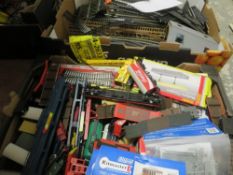 Two trays of 00 gauge track, buildings and rolling stock