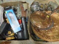 Two boxes of sundries, to include a boxed camera tripod and antique warming pan