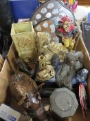 A box of collectables to include a Troika style studio pottery vase, boxed cutlery, two Heredities