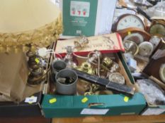 Three trays of collectables and sundries to include metal ware and a tray of assorted clocks